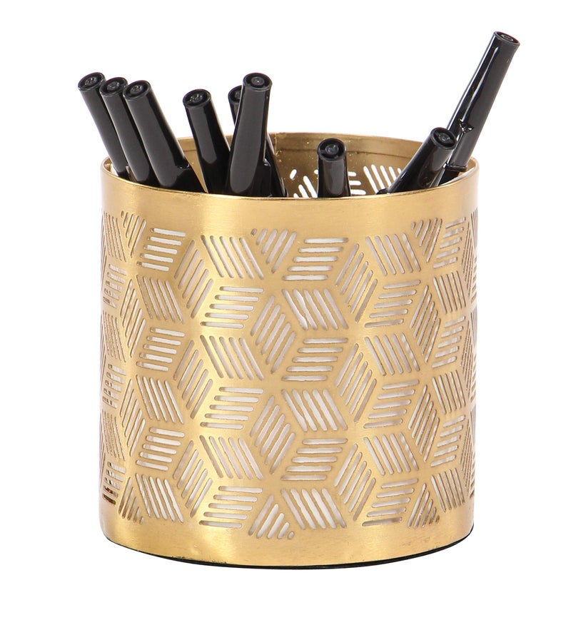 Deco 79 Metal Geometric Pencil Cup with Laser Carved Design, 4" x 4" x 4", Gold - Image 1